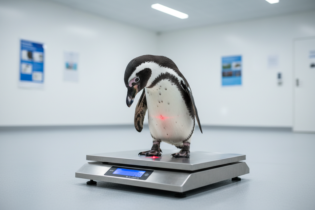 Penguin on scale focused on laser