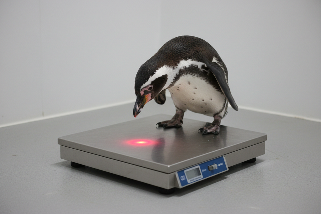 Penguin stepping onto scale following laser