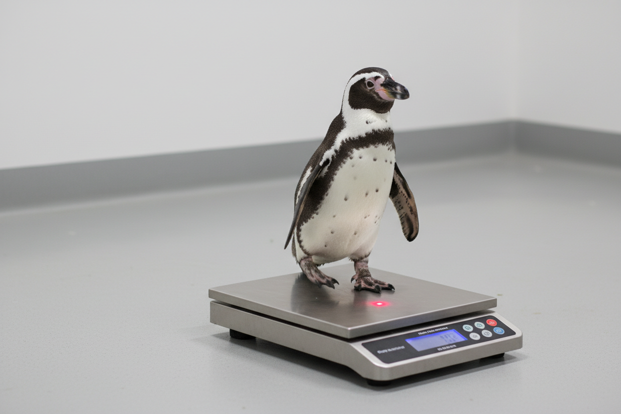 Penguin stepping onto scale